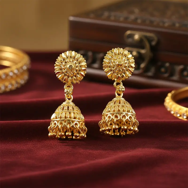 Gold-Plated Traditional Jhumka Earrings – Sophisticated Ethnic Jewelry For Festive Occasions 1