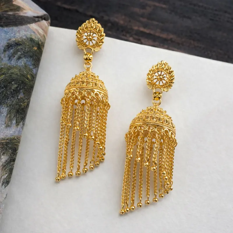 Gold-Tone Chain-Drop Jhumka Earrings For Elegant Ethnic Style 1
