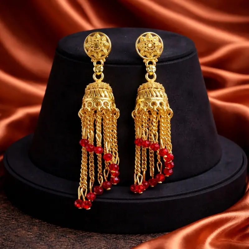 Gold-Tone Chain Tassel Jhumka Earrings – Red Bead Accent, Long Ethnic Dangle Earrings 1