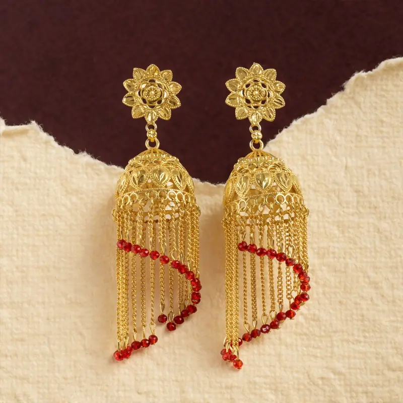 Gold-Tone Double-Drop Floral Jhumka Earrings – Ethnic Stud & Dangle Design For Women 1