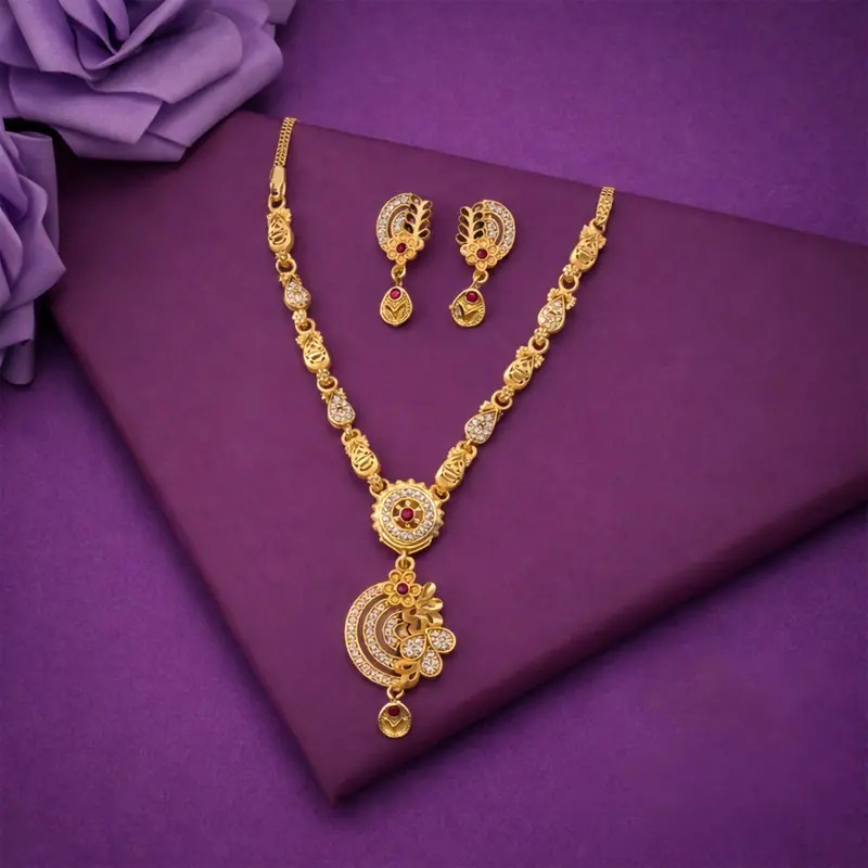 Gold-Tone Ethnic Necklace Set With Floral Pendant And Matching Drop Earrings 1