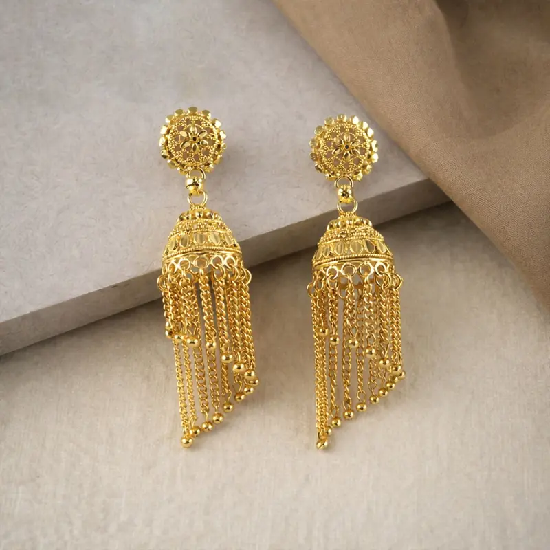 Gold-Tone Floral Dome Jhumka Earrings With Long Tassel Drops 1