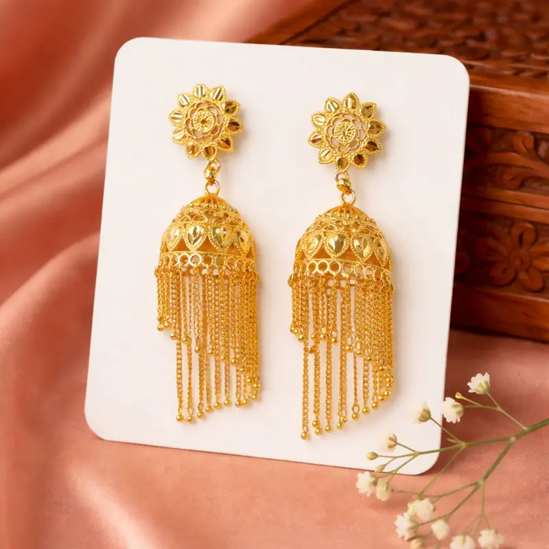 Gold-Tone Floral Jhumka Earrings – Elegant Long-Chain Tassel Design For Women 1