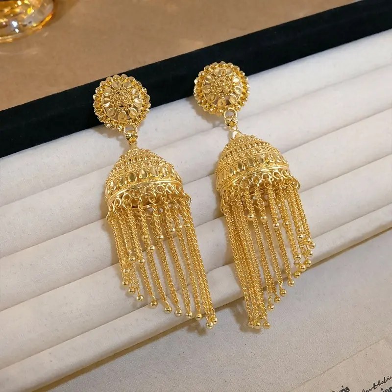 Gold-Tone Jhumka Earrings With Red Bead Tassels – Traditional Ethnic Jewelry For Women & Girls 1