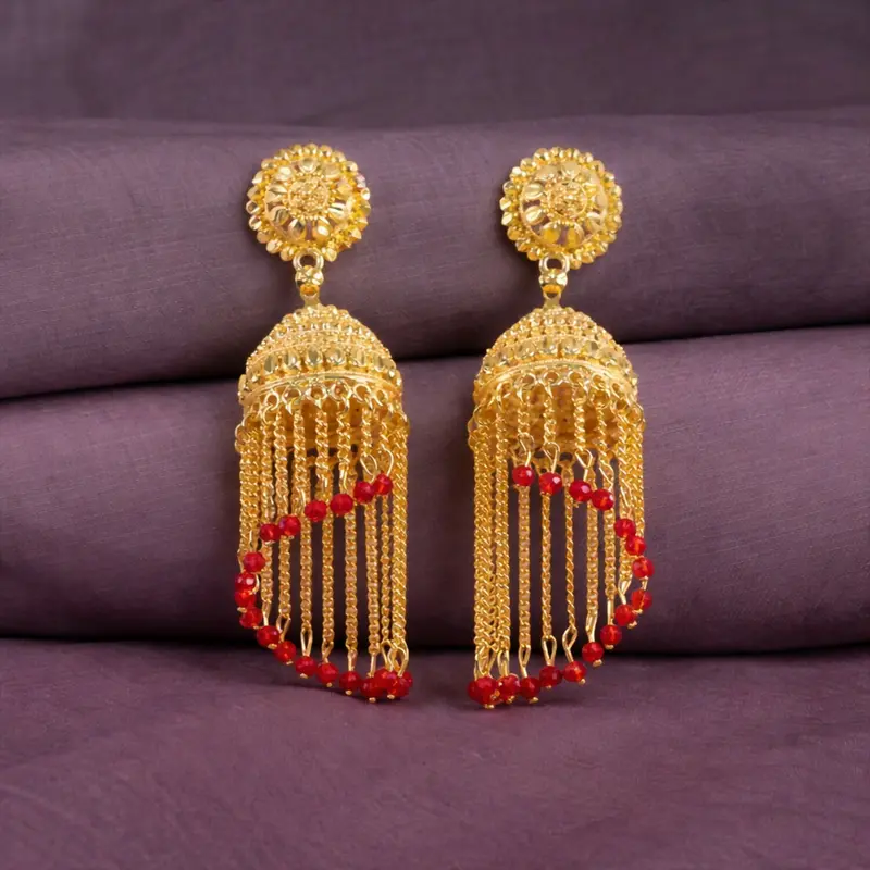 Gold-Tone Long-Chain Tassel Jhumka Earrings – Traditional Ethnic Dangle Jewelry 1