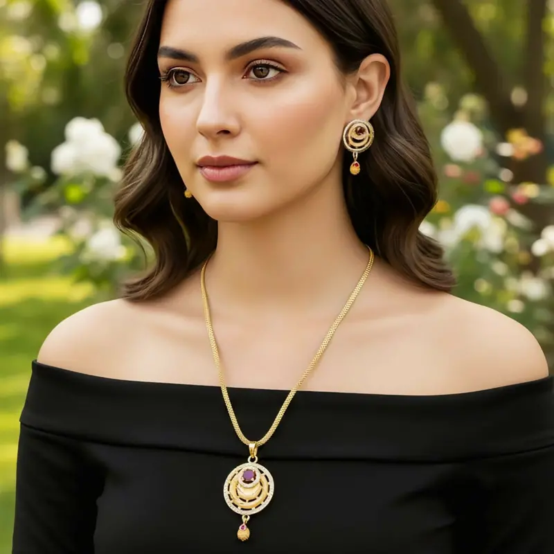 Gold-Tone Ruby Accent Necklace & Earring Set – Elegant Fashion Jewelry Duo 1