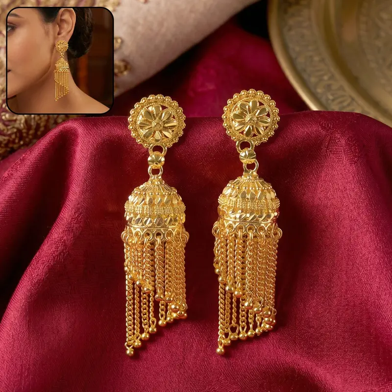 Golden Jhumka Earrings – Classic Indian Design With Beaded Tassels And Lightweight Comfort Fit 1