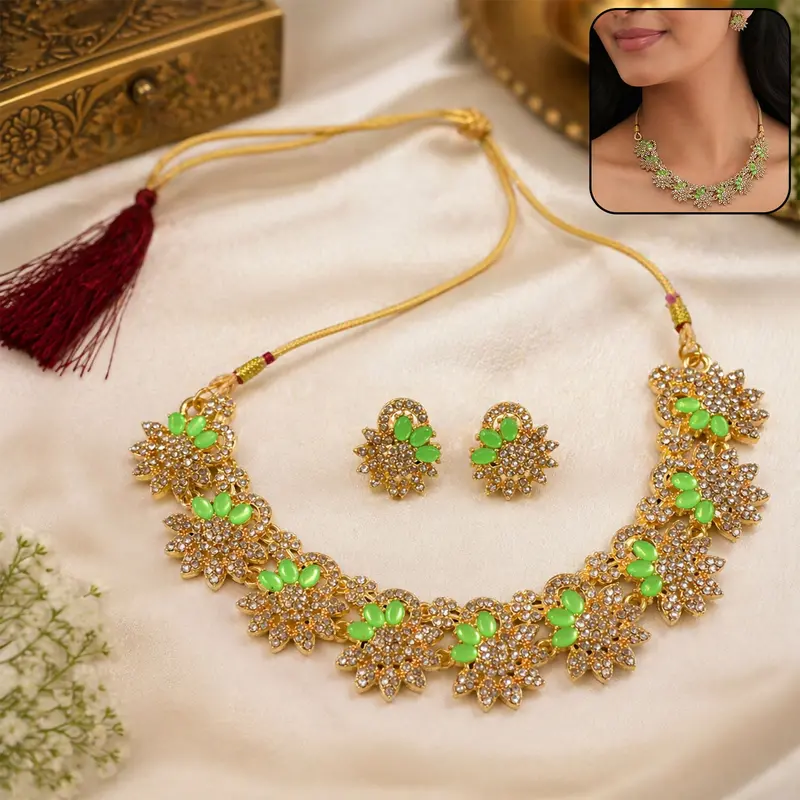 Green Gemstone Floral Jewelry Set – Sophisticated Necklace And Earrings Pair 1