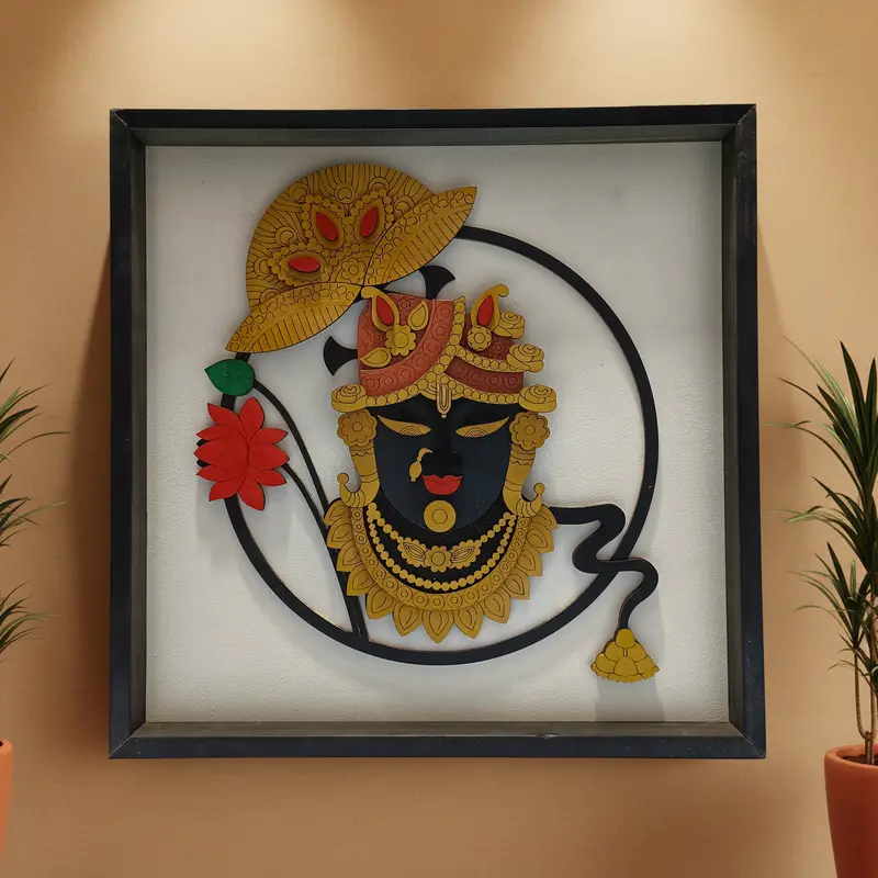 Hand-Carved Wooden Shreenathji Wall Art – 3D Divine Home Temple Decor 1