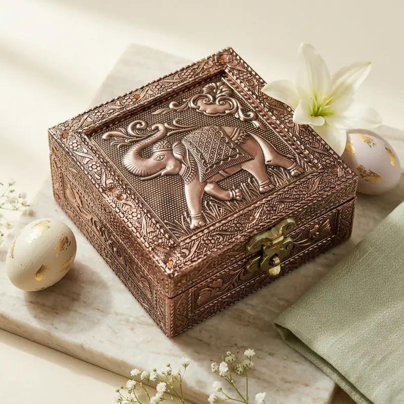 Handcrafted Elephant-Embossed Metal Jewelry Box – Decorative Storage 1