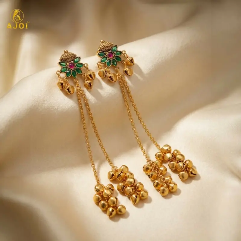 Handcrafted Floral Stud Earrings With Long Ghungroo Jhumka Drops 1