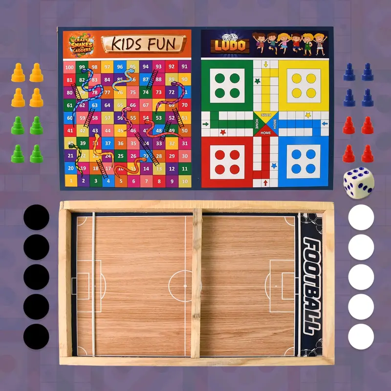 Handcrafted Wooden Board Game Bundle – Ludo, Snakes & Ladders, And Desktop Football (3-In-1) 1