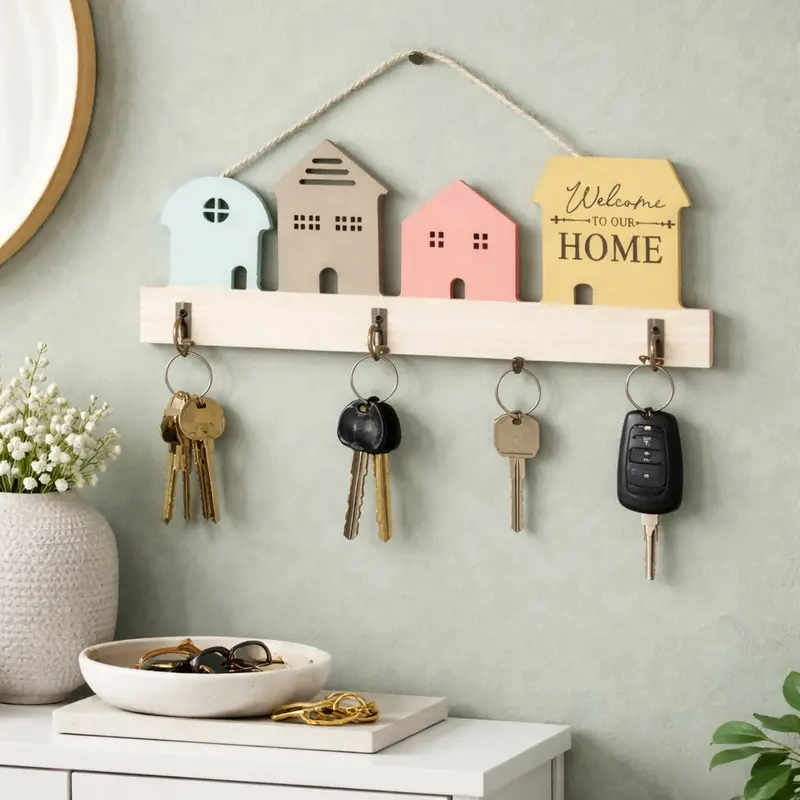 Handcrafted Wooden House Key Holder – 3-Hook Wall Organizer 1