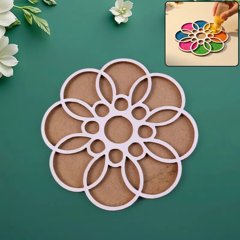 Handcrafted Wooden Rangoli Stencil Featuring Radial Petal Motif 1