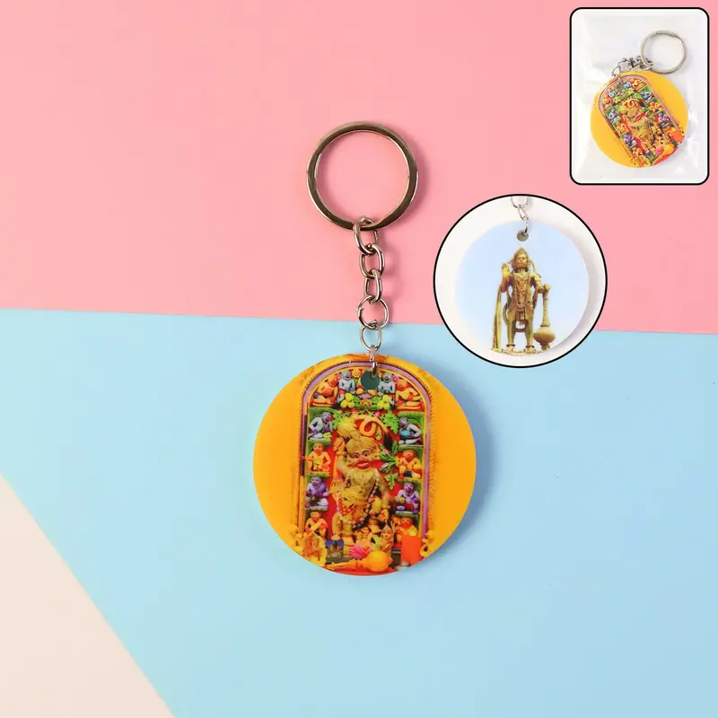 Hanuman Mandir Printed Round Keychain – Vibrant, Faith-Inspired & Compact Key Holder 1