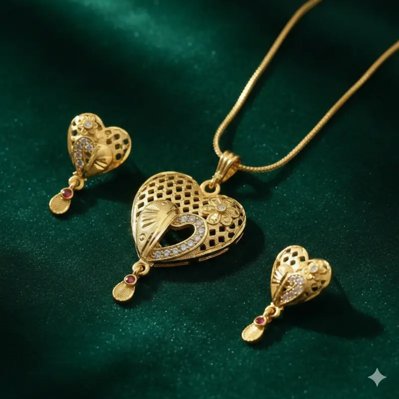 Heart Motif Gold Jewelry Set: Pendant And Earrings For Women 1