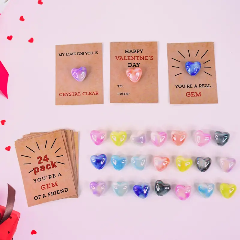 Heart-Shaped Crystal Gemstone Valentine'S Gifts With Assorted Greeting Cards (Pack Of 24) 1