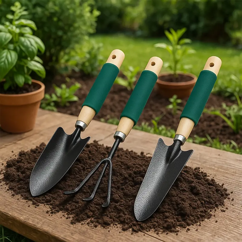 Heavy-Duty Gardening Hand Cultivator Set – Wooden-Handle Trowel Trio (3 Pieces) 1