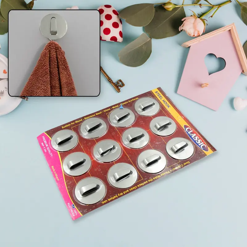 Heavy-Duty Steel Wall Hooks – 12-Pack Self-Adhesive Multipurpose Mounts For Home & Office 1