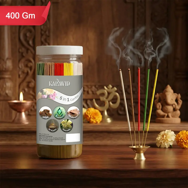 Herbal 5-Variety Agarbatti Bundle – Gugal, Diamond, Sandalwood, Masalakashi, Kewada (400 G) 1