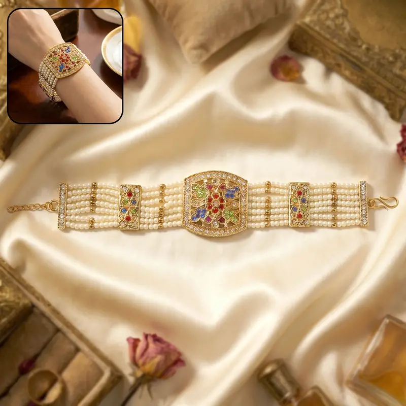 Heritage Pearl Bracelet – Handcrafted Gold-Plated Band With Multicolored Stone Inlays And Traditional Motifs 1