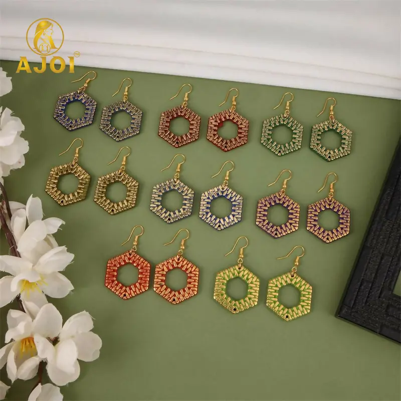 Hexa-Textured Geometric Dangle Earrings – Lightweight Handmade Set In 8 Vibrant Colors (Pack Of 8) 1