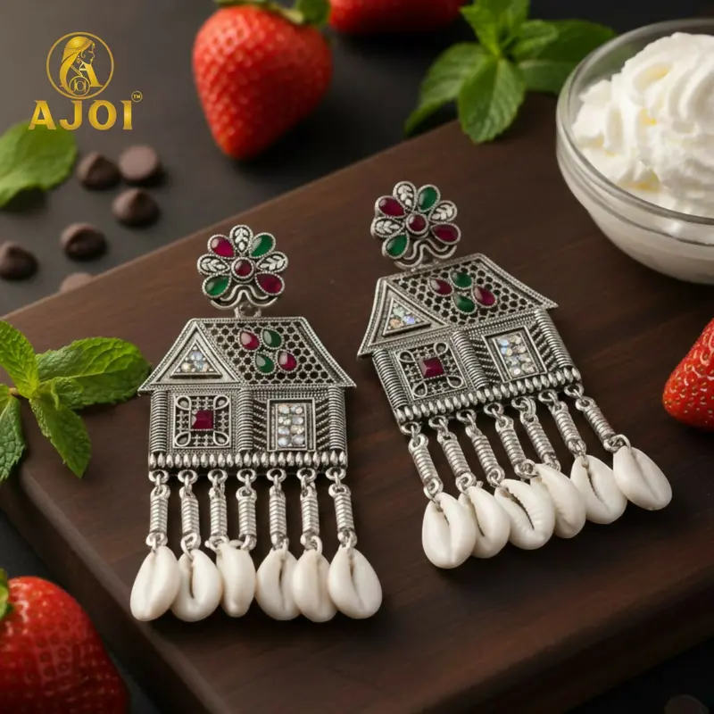 House-Shaped Oxidized Silver Earrings With Mixed Gemstones & Shell Danglers 1