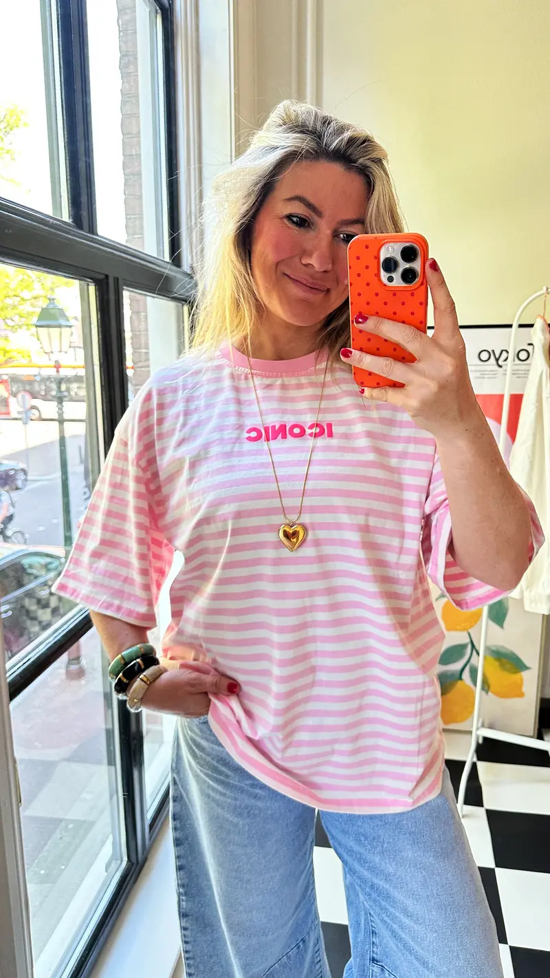 Iconic Rose-And-White Striped Crewneck Tee 1