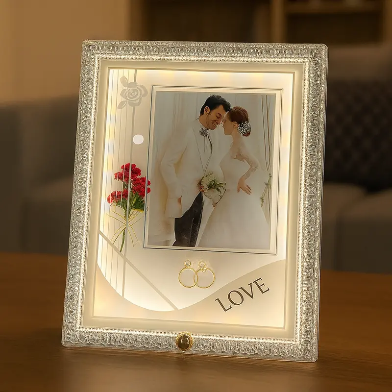Illuminated Wedding Photo Frame – Crystal-White Led Square Frame With Floral Embellishments And Romantic Ring Accents (4X6 Inch) 1