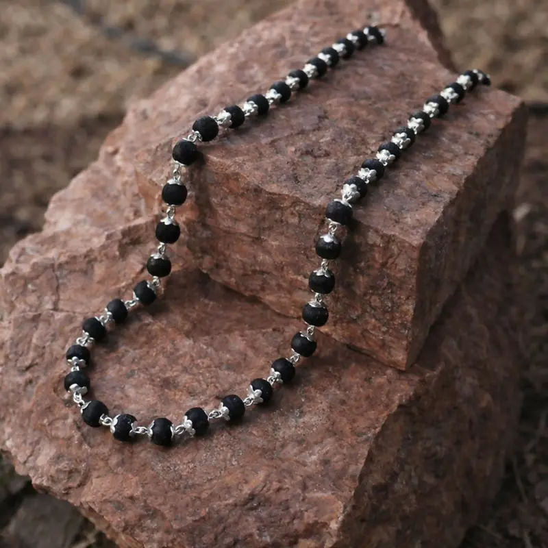 Karungali Black Matte Beaded Necklace – Authentic Silver-Plated Traditional Mala For Men 1