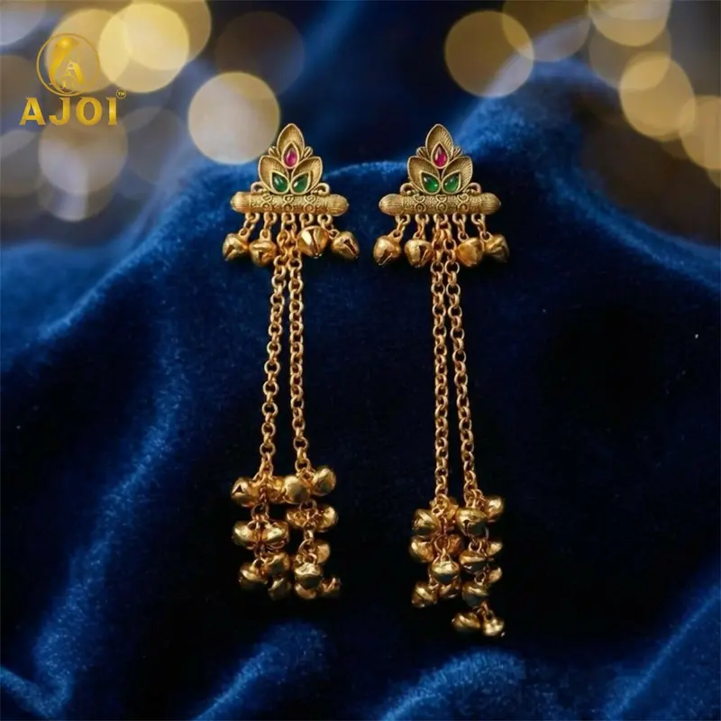 Kashmiri Ghungroo Drop Earrings – Royal Long Chain Ethnic Jewelry With Bell Accents 1