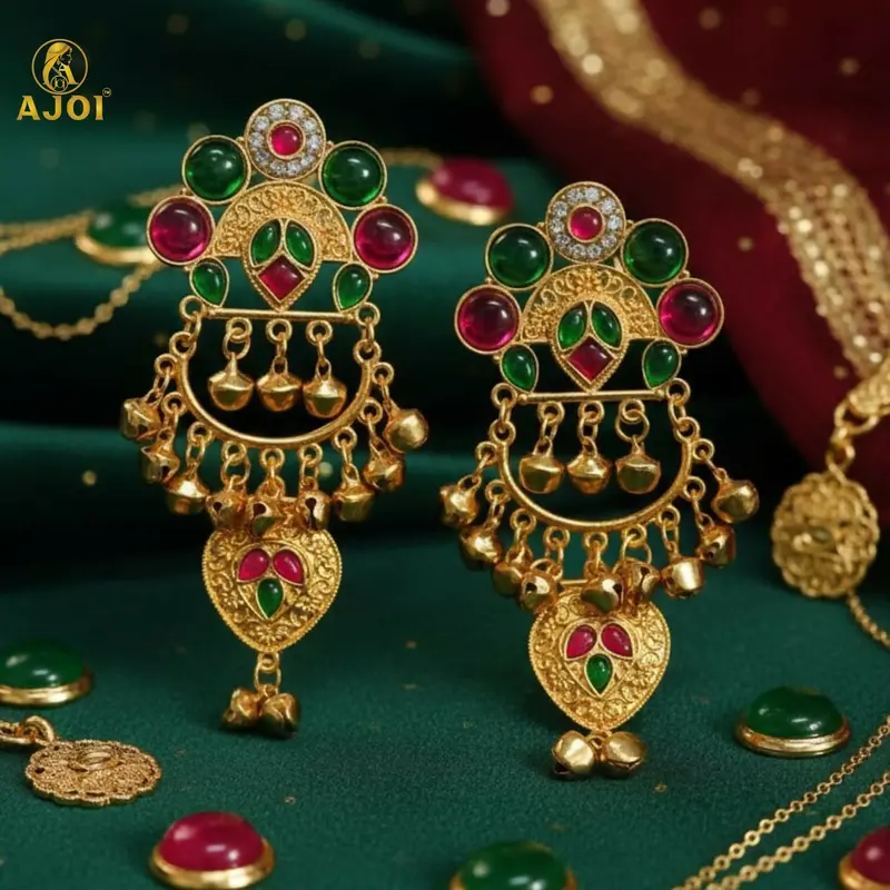 Kashmiri Gold-Plated Chandbali Earrings Featuring Green And Pink Stones 1
