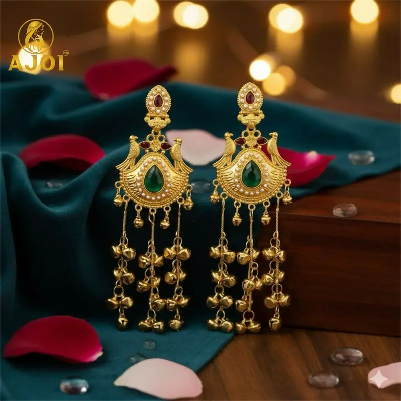 Kashmiri Gold-Plated Jhumka Earrings – Green Stone & Ghungroo Drop Design 1