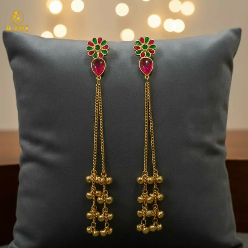 Kashmiri Gulbahar Long Drop Earrings In Gold Plating With Red And Green Stones 1