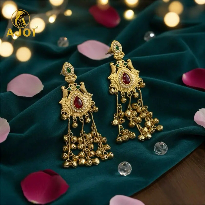 Kashmiri Heritage Dangler Earrings – Red Teardrop Stone, Pearls & Ghungroo Chains 1