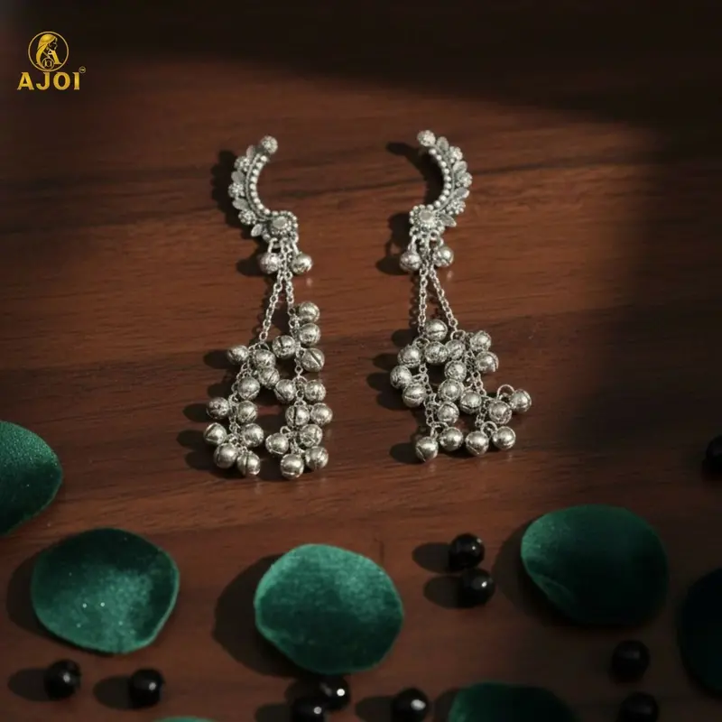 Kashmiri Silver Oxidized Chandbali Earrings With Ghungroo Dangles 1