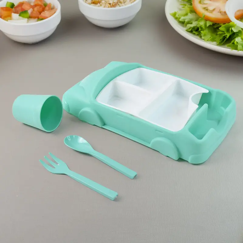 Kids' Car-Themed Dinnerware Set – Four-Piece 1000 Ml Lunch Box & Plate Combo 1