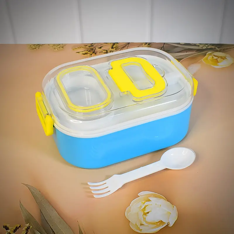 Kids' Durable Plastic Lunch Box With Built-In 2-In-1 Spoon And Fork (1 Piece) 1