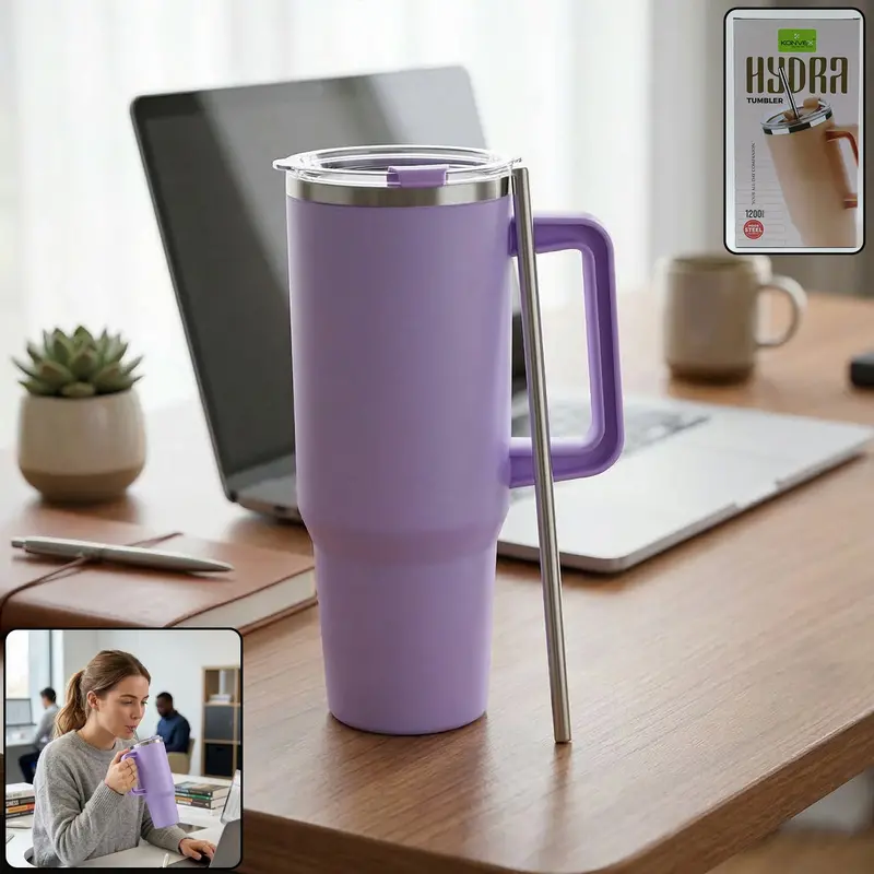 Konvex Large-Capacity Insulated Tumbler Mug With Handle & Straw (1200 Ml) 1