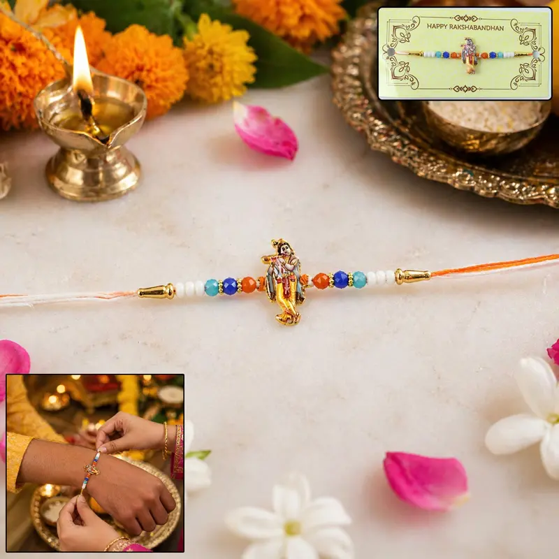 Krishna Flute-Playing Idol Designer Rakhi – Artistic Devotional Gift 1