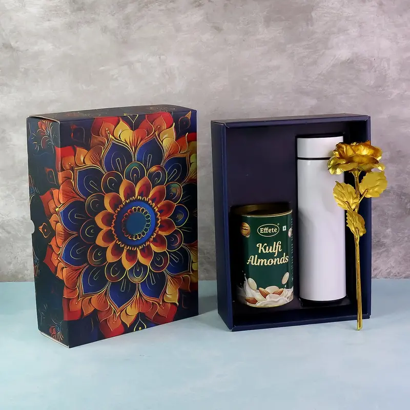 Kulfi-Flavored Almond Gift Hamper – Golden Rose Design With Bottle (3-Piece) 1