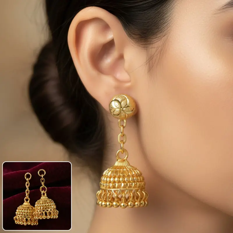 Layered Gold-Plated Jhumka Earrings With Dome Silhouette And Beaded Embellishment 1