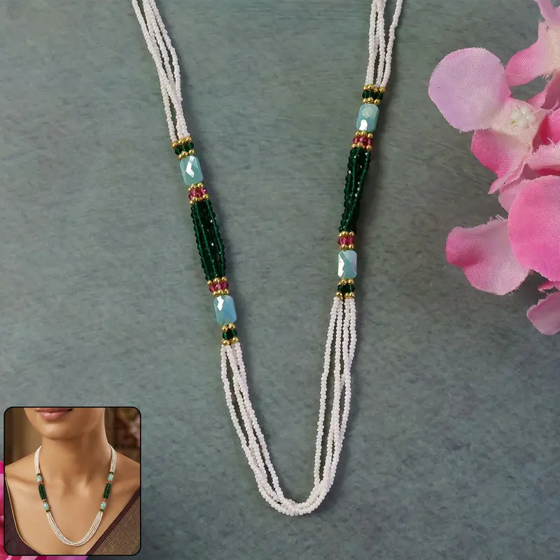 Layered Pearl Mala Necklace With Aqua & Green Beads – Artisan Ethnic Jewelry For Women 1