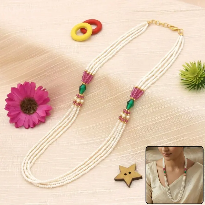 Layered Pearl Necklace Featuring Pink And Emerald Accents 1