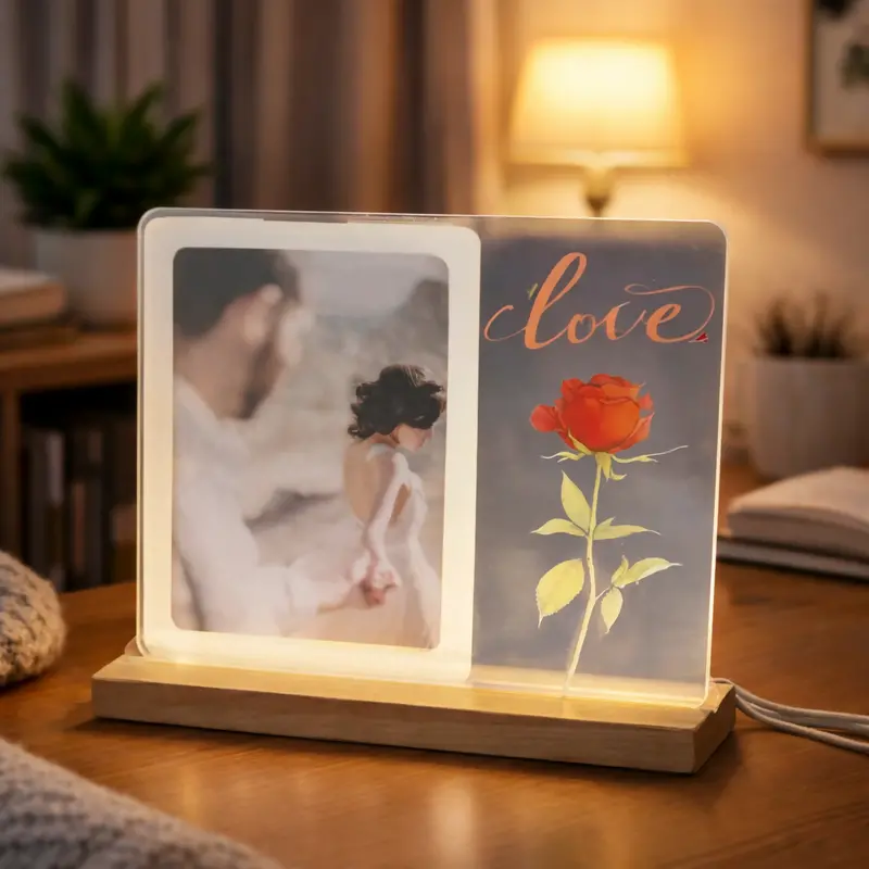 Led Acrylic Photo Frame – Rose Motif Design With Wooden Base 1