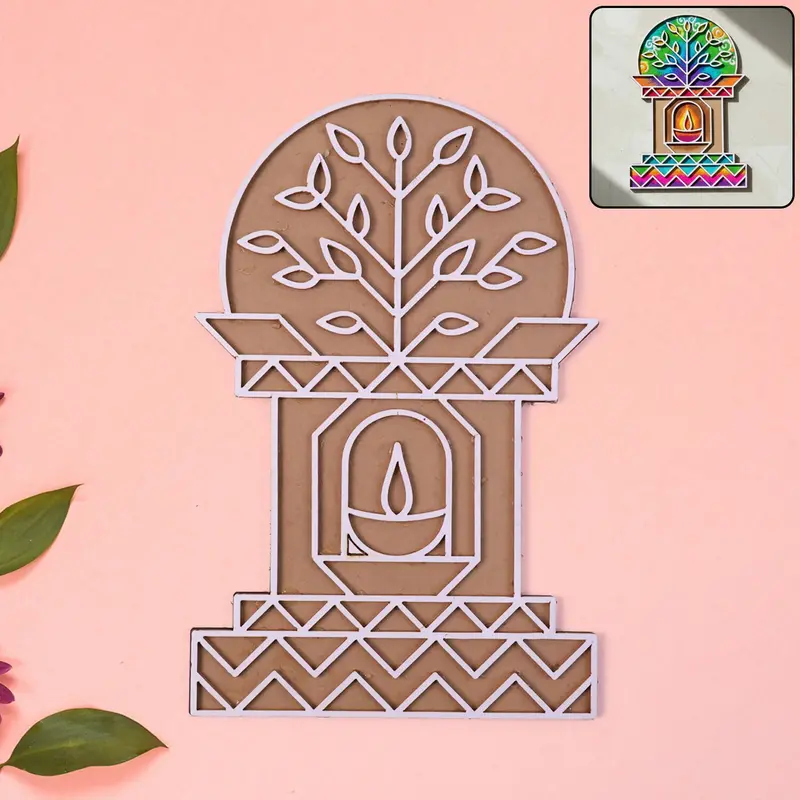 Lightweight Mdf Rangoli Template With Diya Tree Pattern 1