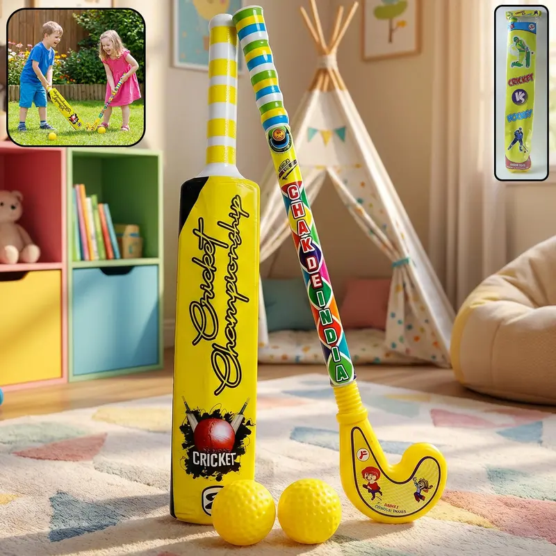 Lightweight Sports Combo – Plastic Bat, Ball & Hockey Stick For Children 1
