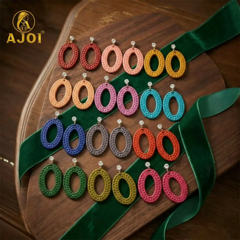 Lightweight Textured Oval Drop Earrings – 12-Color Handmade Collection (Set Of 12) 1