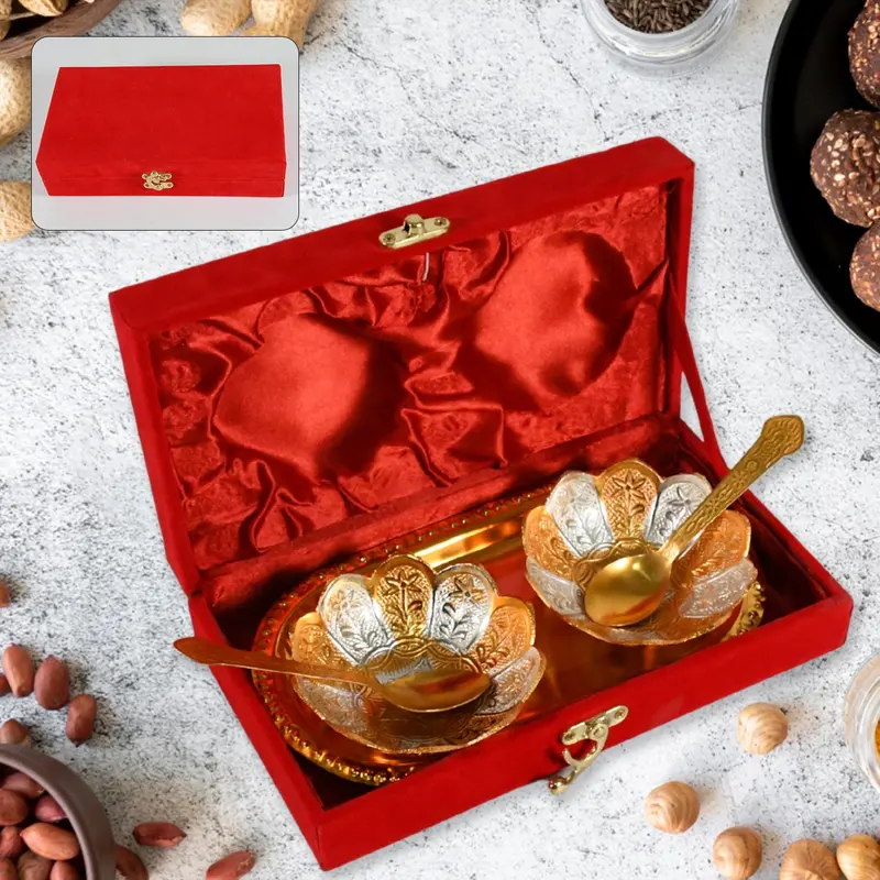 Luxury 5-In-1 Serving Set – Gold & Silver Plated Spoon, Bowl & Tray In Velvet Gift Box 1