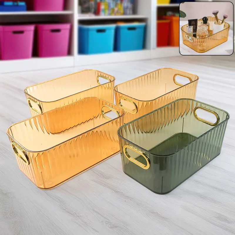 Luxury Ribbed Clear Storage Basket – Gold-Accented Organizer (25×14 Cm, 4-Pack) 1